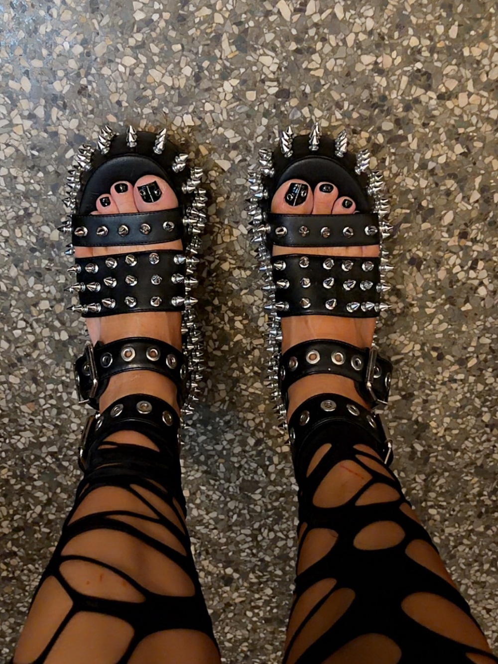 Black Spiked Platform Sandals with Silver Studs - Picture 5 of 7
